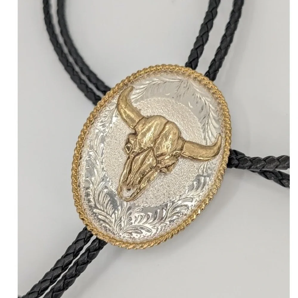 Vintage Western Bull Longhorn Skull Bolo Tie Silver Gold Tone Braided Cowboy